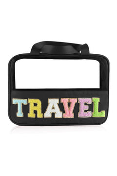 Black TRAVEL Chenille Letter Clear PVC Makeup Bag