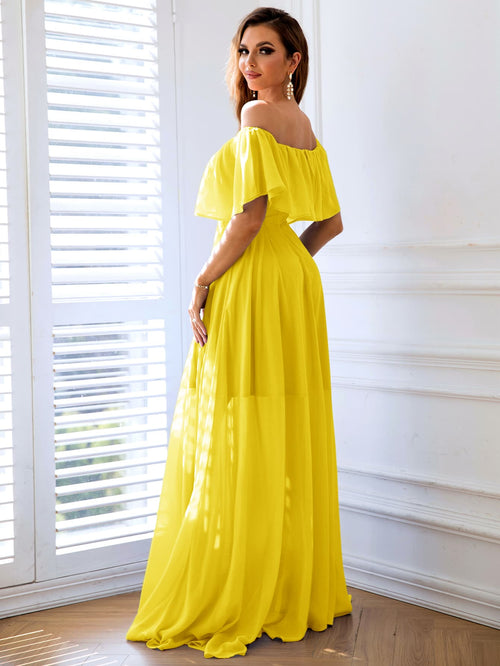 Elegant Off-Shoulder Split Maxi Dress in Polyester