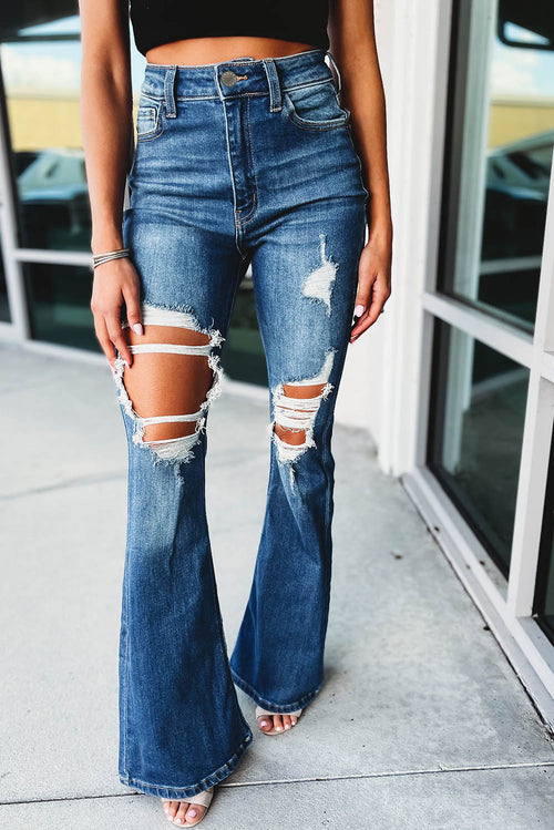 Blue Distressed Flare Jeans: '70s Retro Revival!