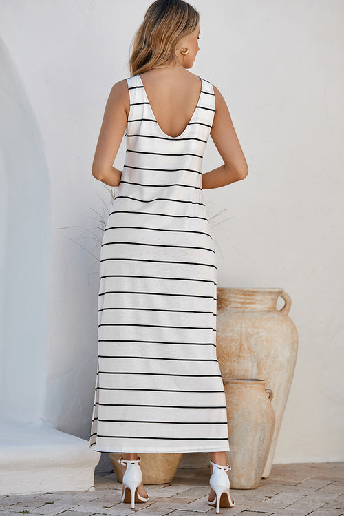 Brown Stripe Print Open Back Sleeveless Maxi Dress with Slits