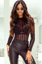 Black Star Mesh Mock Neck Long Sleeve Bodysuit