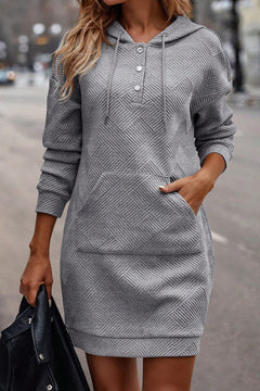 Elegant Gray Textured Hooded Mini Dress