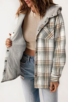 Snuggly Khaki Plaid Sherpa-Lined Hooded Shacket