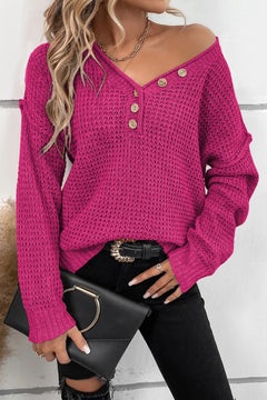 Chic Buttoned V Neck Drop Shoulder Sweater