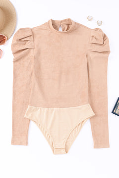 Elegant Brown Suede Puff Sleeve Bodysuit