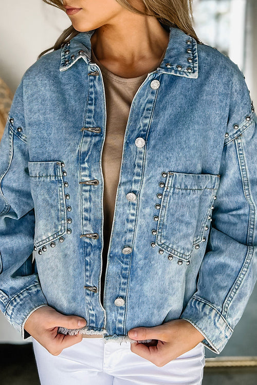 Sky Blue Studded Denim Jacket: Autumn Essential!