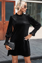 Elegant Black Velvet Frill Neck Shift Dress