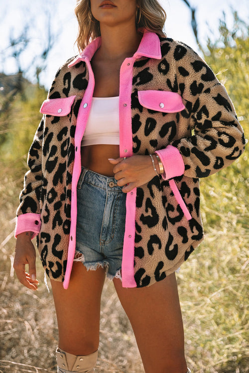 Chic Leopard Teddy Shacket with Contrast Trim