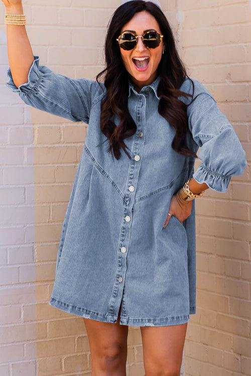 Sky Blue Elegance: Buttoned Denim Dream