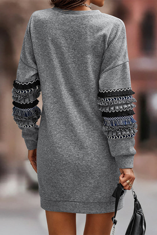 Exquisite Grey Fringed Ruffled Sweatshirt Dress