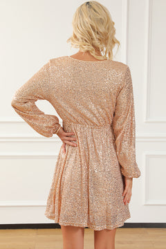 Apricot Sequin V-Neck Elegance Dress