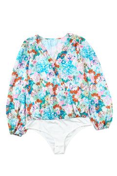 Elegant Sky Blue Floral Wrap Bodysuit