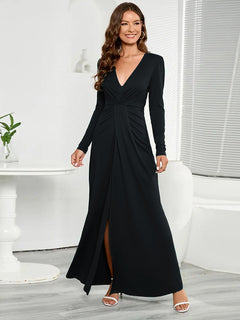 Elegant V-Neck Long Sleeve Split Dress