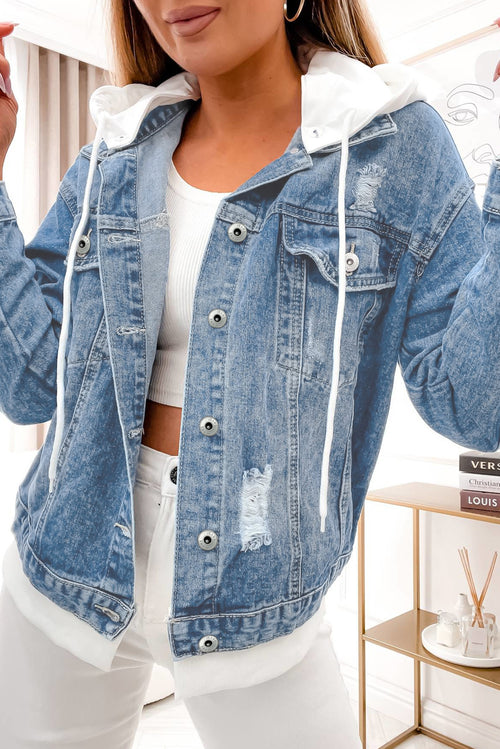 Sky Blue Distressed Hooded Denim Jacket: Stylish Comfort