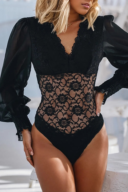 Black Lace Bodysuit with Bubble Sleeves