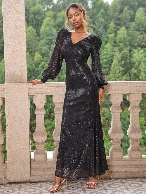 Sequin V-Neck Maxi Dress with Lantern Sleeves