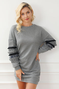 Exquisite Grey Fringed Ruffled Sweatshirt Dress