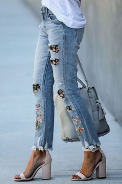 Sky Blue Floral Edgy Skinny Jeans