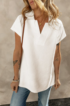 Apricot Textured V Neck Collared Short Sleeve Top