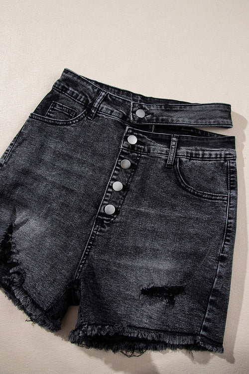 Black High Waist Multi Buttons Raw Edge Denim Shorts