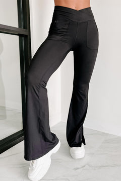 Flared Black Leggings: Chic Cross Waist Split-Hem