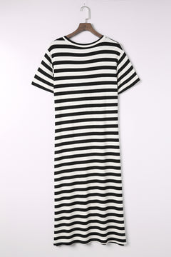 Elegant Striped V-Neck Maxi Dress: Timeless Sophistication