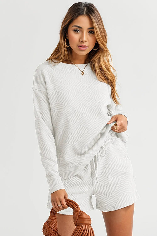 White Textured Long Sleeve Top and Drawstring Shorts Set