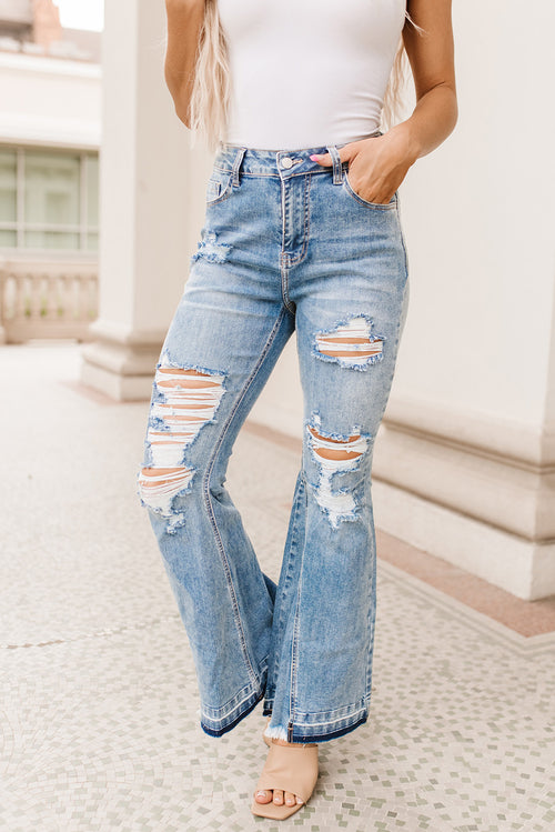 Sky Blue Distressed Flare Jeans: Flaunt Your Style!