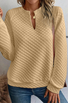 Chic Khaki Quilted Long Sleeve Top with Split Neck Delight