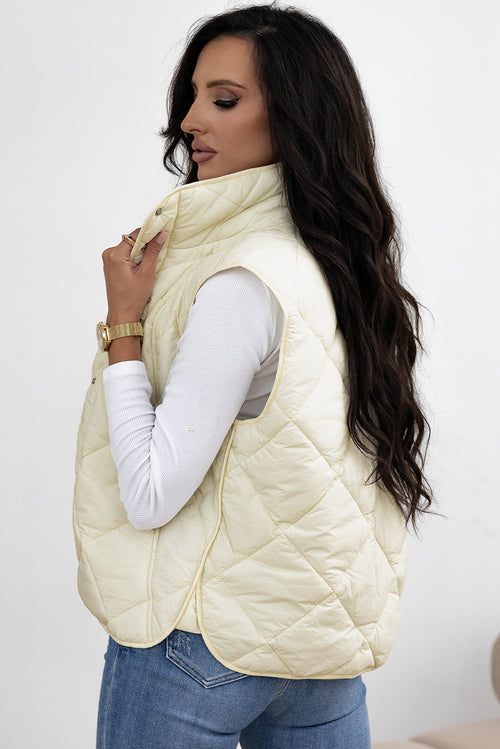 Beige Quilted High Neck Vest Coat with Pockets