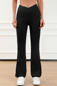 Flared Black Leggings: Chic Cross Waist Split-Hem