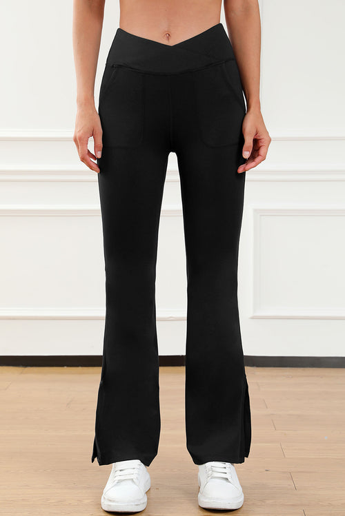 Flared Black Leggings: Chic Cross Waist Split-Hem