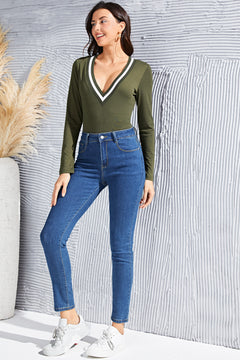 Elegant V-Neck Bodysuit with Ribbed Trim