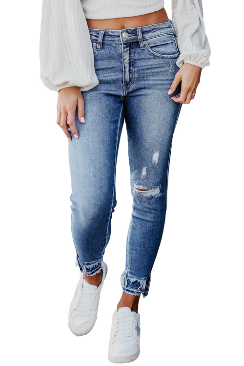 Light Blue Distressed Frayed Skinny Jeans: Retro-Chic Must-have!