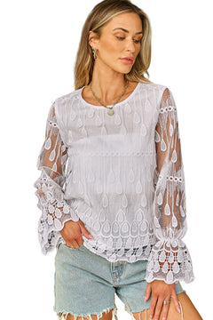 Flirty Beige Embroidered Mesh Sleeve Blouse 🌟