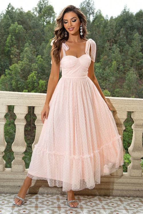 Elegant Tie-Shoulder Frill Dress with Sweetheart Neck