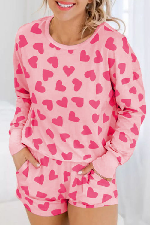 Pink Valentine Heart Shape Print Long Sleeve Top Shorts Lounge Set