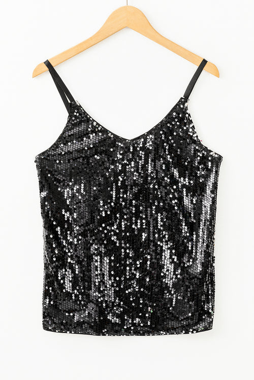 Black Sequined Adjustable Spaghetti Straps Tank Top