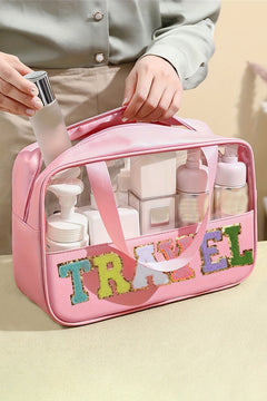 Black TRAVEL Chenille Letter Clear PVC Makeup Bag