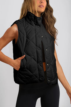 Beige Quilted High Neck Vest Coat with Pockets