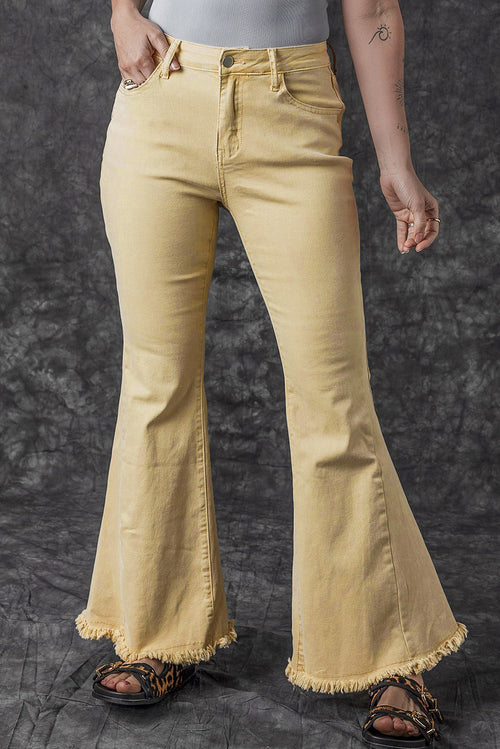 Khaki Raw Edge Flared Jeans: Fresh & Chic