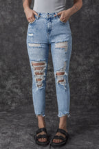 Sky Blue Distressed Slim Fit Acid Wash Jeans