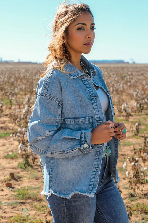 Sky Blue Studded Denim Jacket: Autumn Essential!