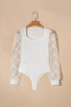 White Frenchy Contrast Lace Bishop Sleeve Bodysuit