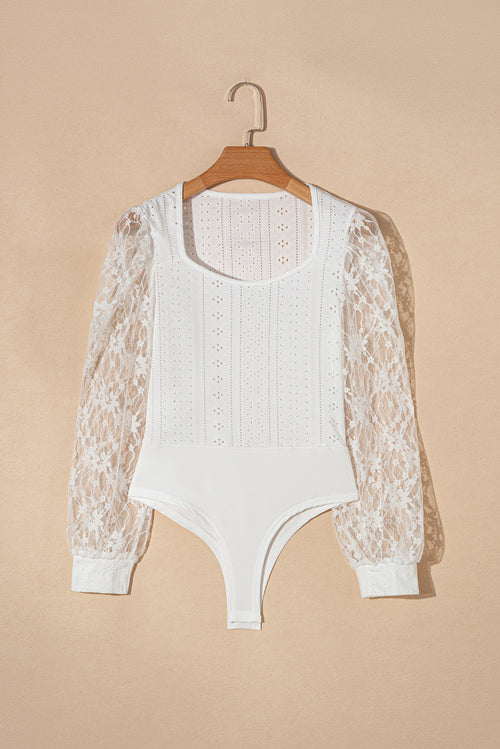 White Frenchy Contrast Lace Bishop Sleeve Bodysuit