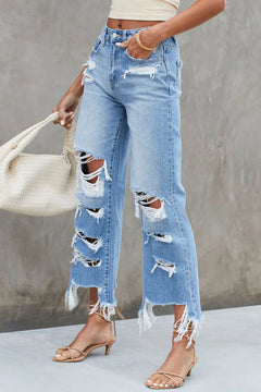 Sky Blue Distressed High Waist Jeans: Stylish!