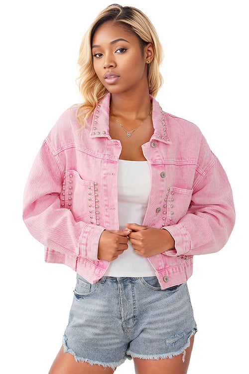 Pink Rivet Studded Denim Jacket: Stand out 💖