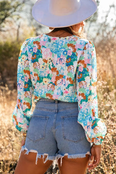 Elegant Sky Blue Floral Wrap Bodysuit