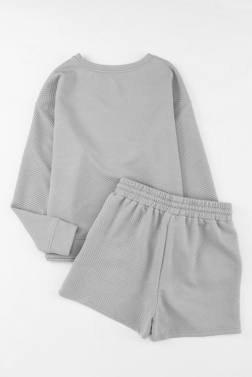 White Textured Long Sleeve Top and Drawstring Shorts Set