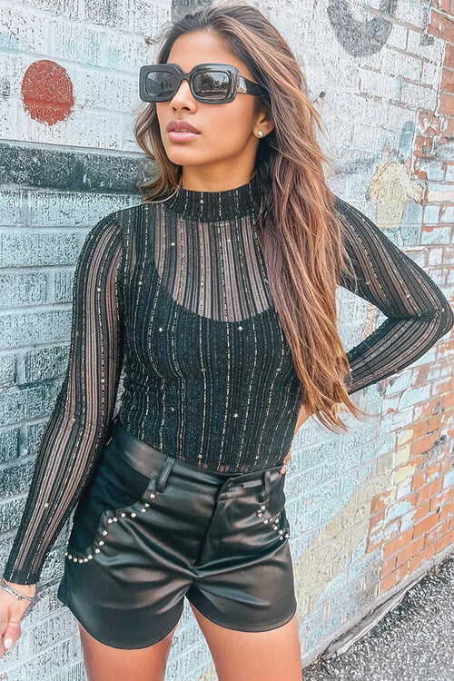 Black Star Mesh Mock Neck Long Sleeve Bodysuit